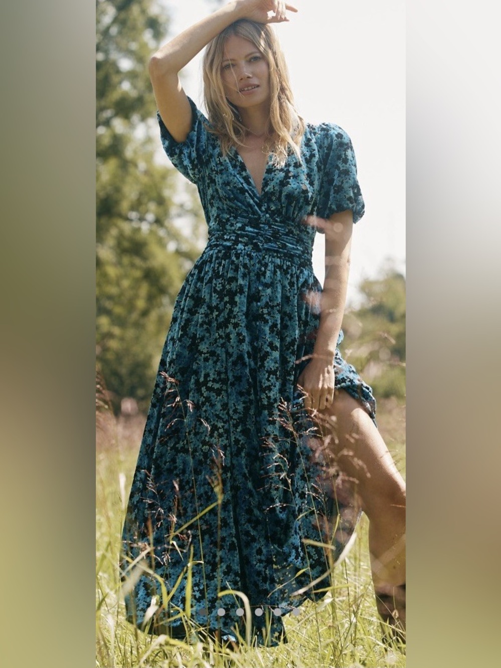 NWT Anthropologie Katerina Blue/Black Floral Velvet V-Neck Maxi Dress Size Small